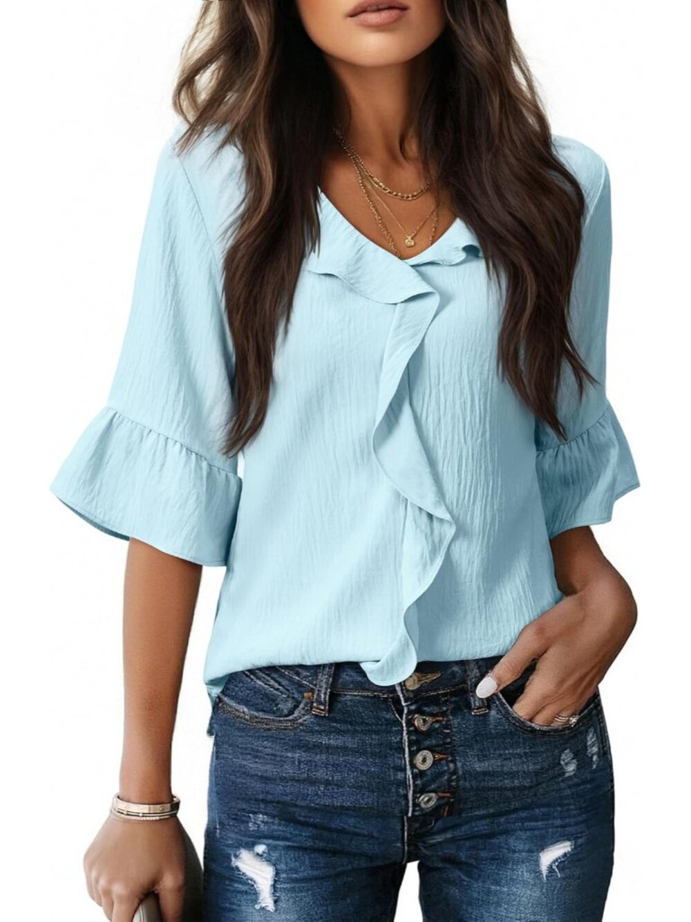 Womens Blouses Dressy Casual 3/4 Sleeve Ruffle Bell Top Ladies Business Formal W